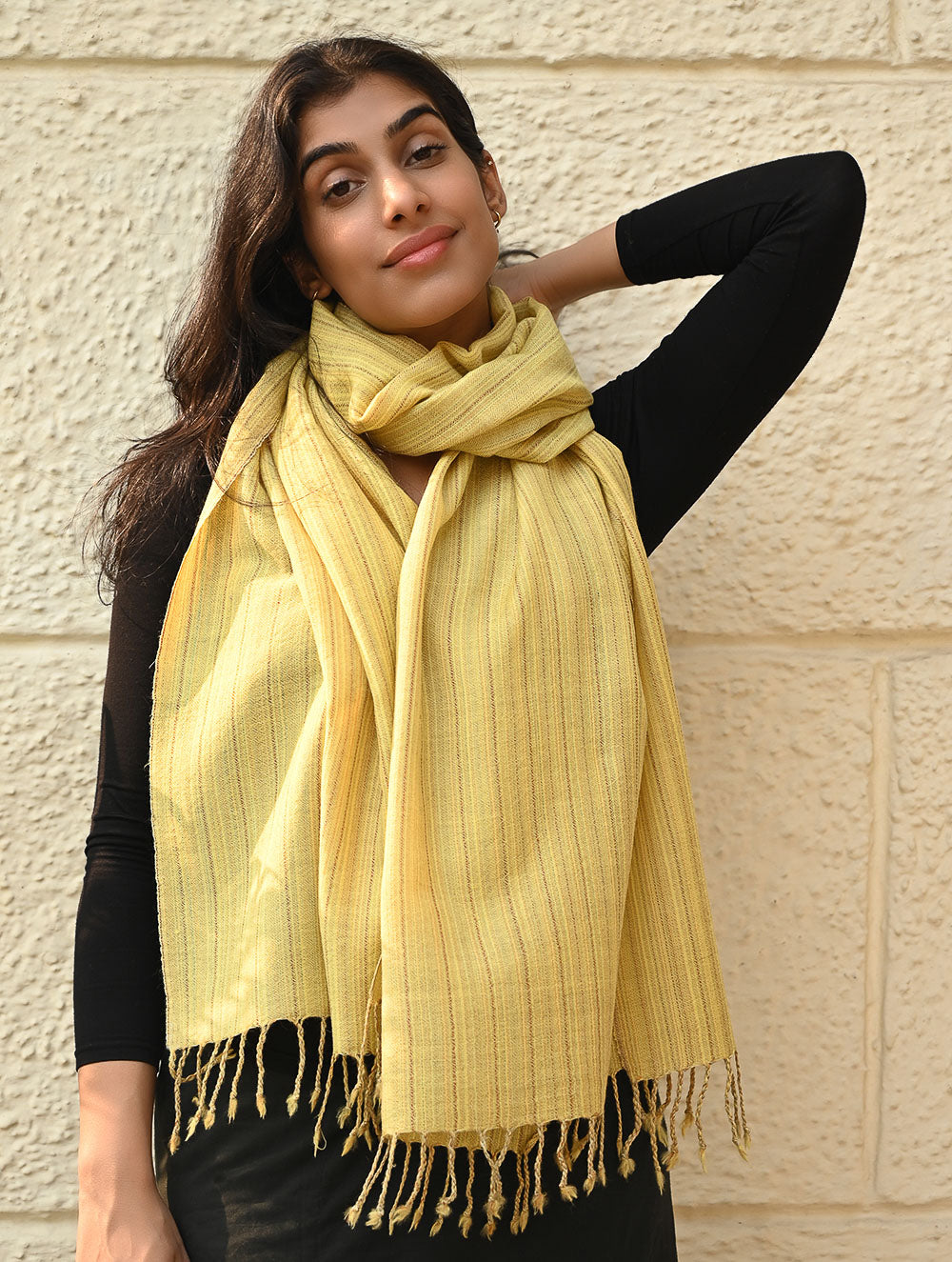 Fine, Soft Himachal Wool Self Striped Plain Stole - Lemon Rays