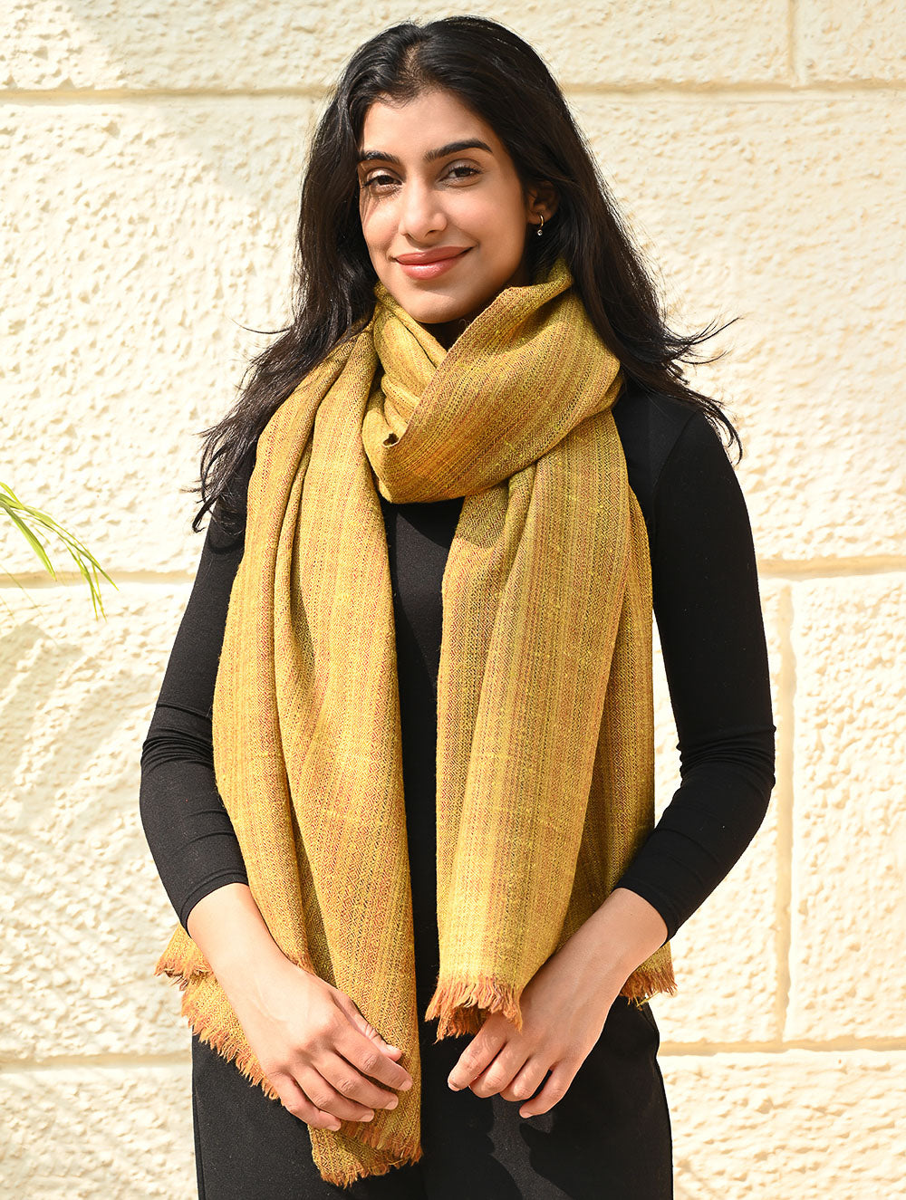 Fine, Soft Himachal Wool Self Striped Plain Stole - Mustard Farm