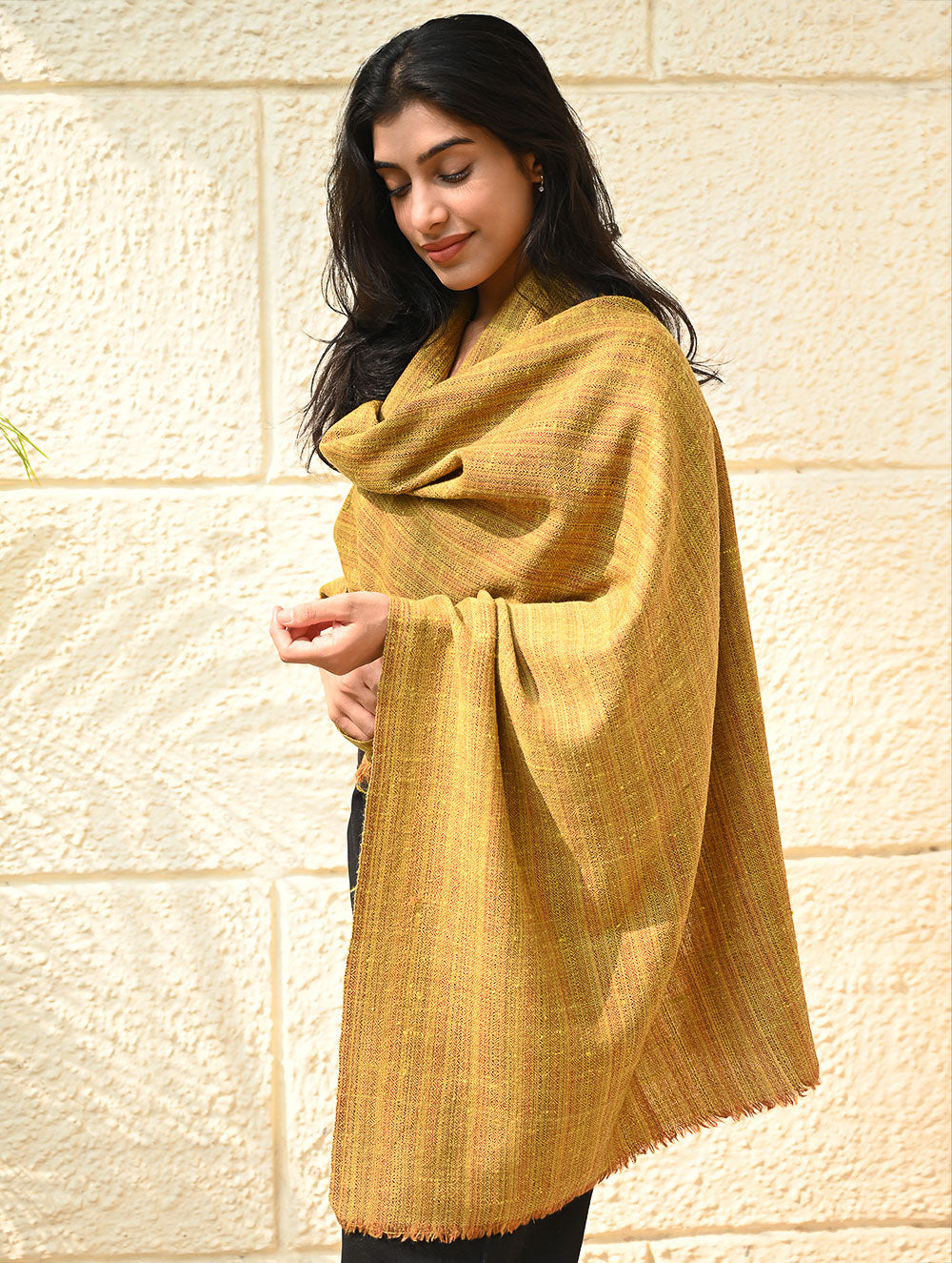Fine, Soft Himachal Wool Self Striped Plain Stole - Mustard Farm