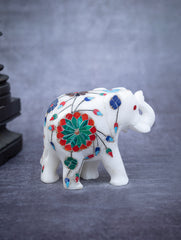 Floral Tapestry Marble Inlay Elephant Curio