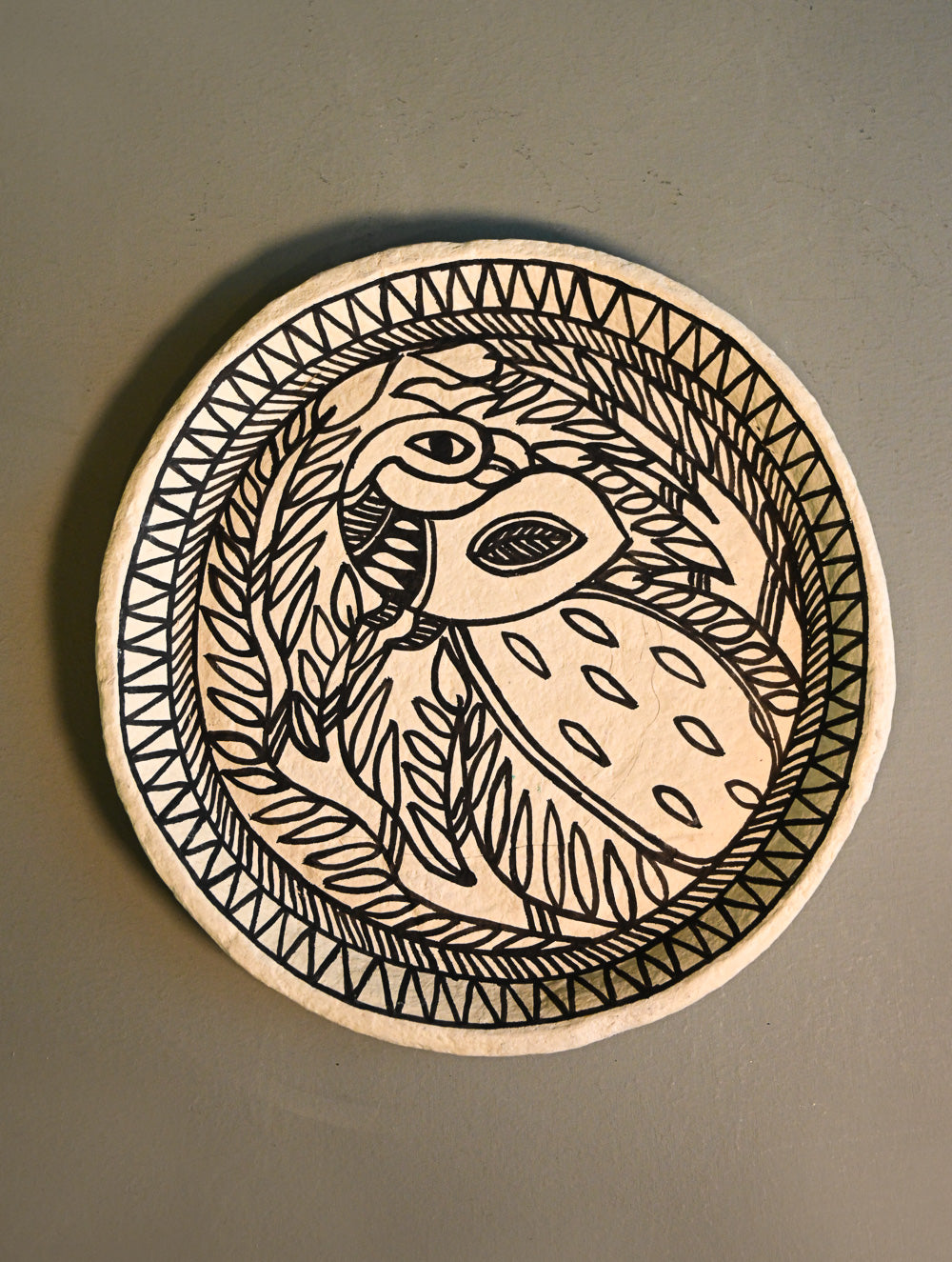 Hand Rendered Madhubani Papier Mache Wall Plate - Peacock Foliage