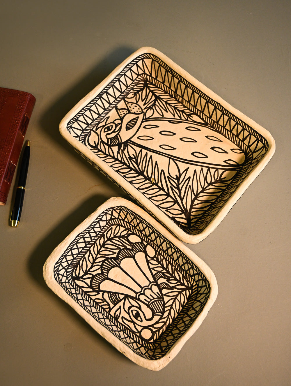Hand Rendered Madhubani Papier Mache Organiser Trays - Mayur Joda (Set of Two)