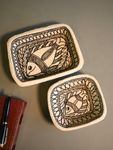 Hand Rendered Madhubani Papier Mache Organiser Trays - Aquarium (Set of Two)