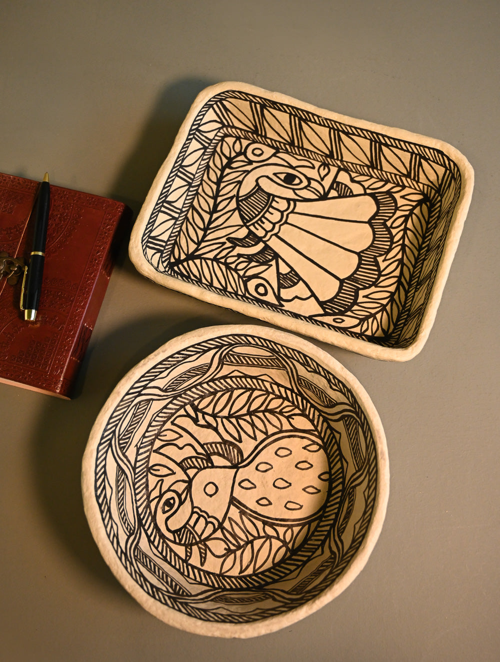 Hand Rendered Madhubani Papier Mache Organiser Trays - Mor Bagh (Set of Two)