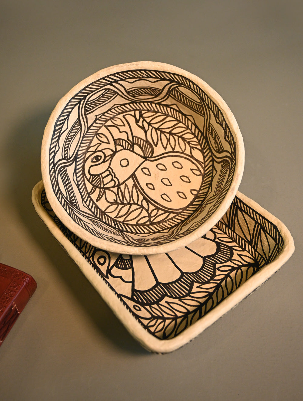 Hand Rendered Madhubani Papier Mache Organiser Trays - Mor Bagh (Set of Two)