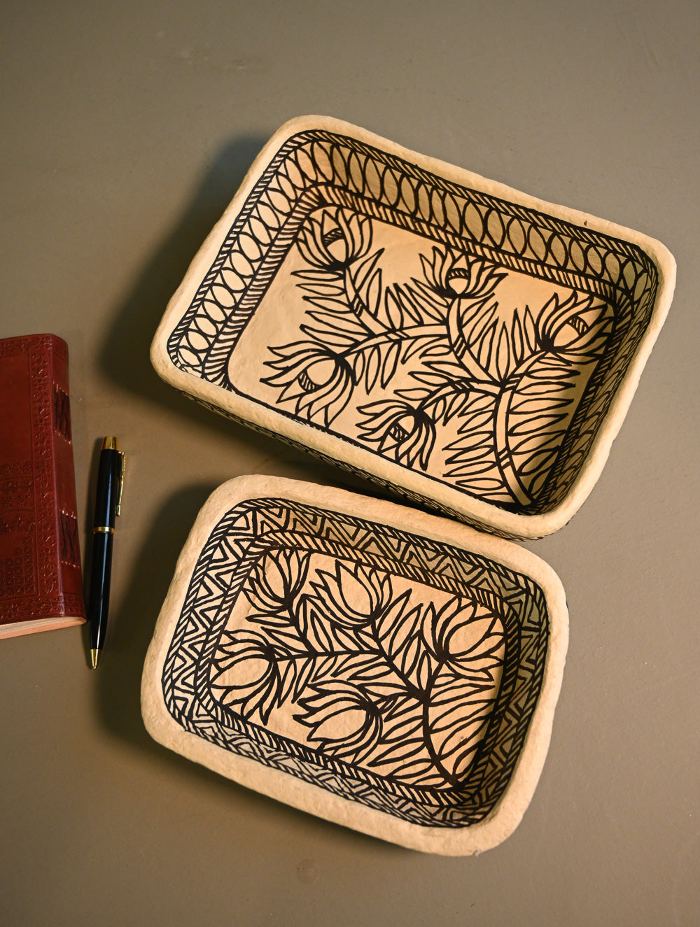 Hand Rendered Madhubani Papier Mache Organiser Trays - Kamal Jaal (Set of Two)