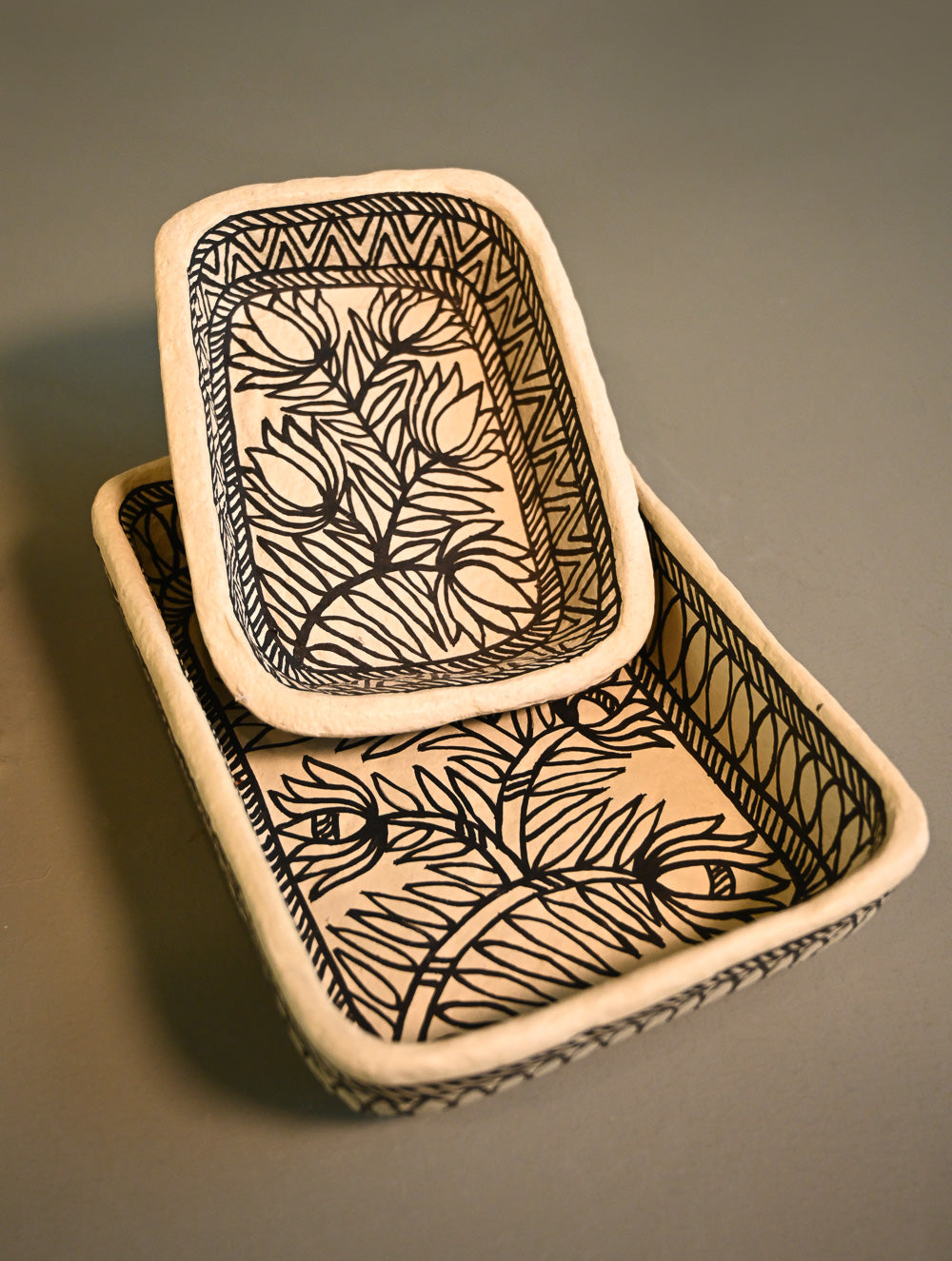 Hand Rendered Madhubani Papier Mache Organiser Trays - Kamal Jaal (Set of Two)