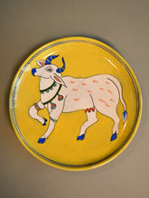 Pichwai Inspired Jaipur Blue Pottery Decorative Plate - Mustard Glaze