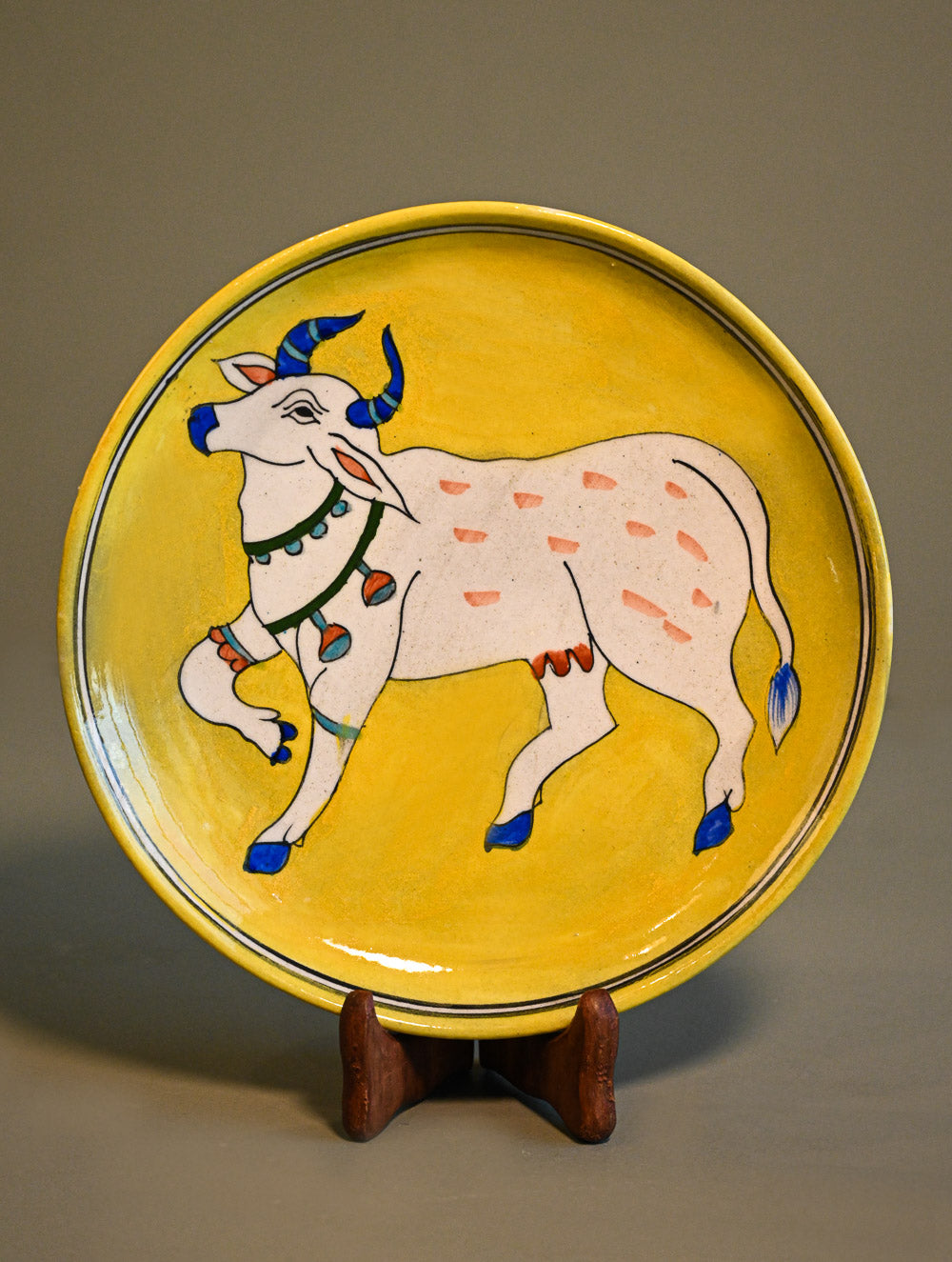 Pichwai Inspired Jaipur Blue Pottery Decorative Plate - Mustard Glaze
