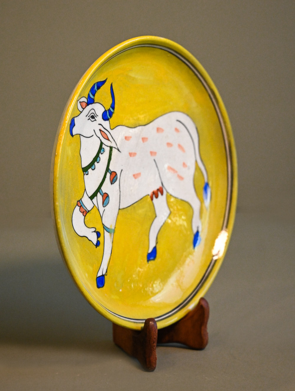 Pichwai Inspired Jaipur Blue Pottery Decorative Plate - Mustard Glaze