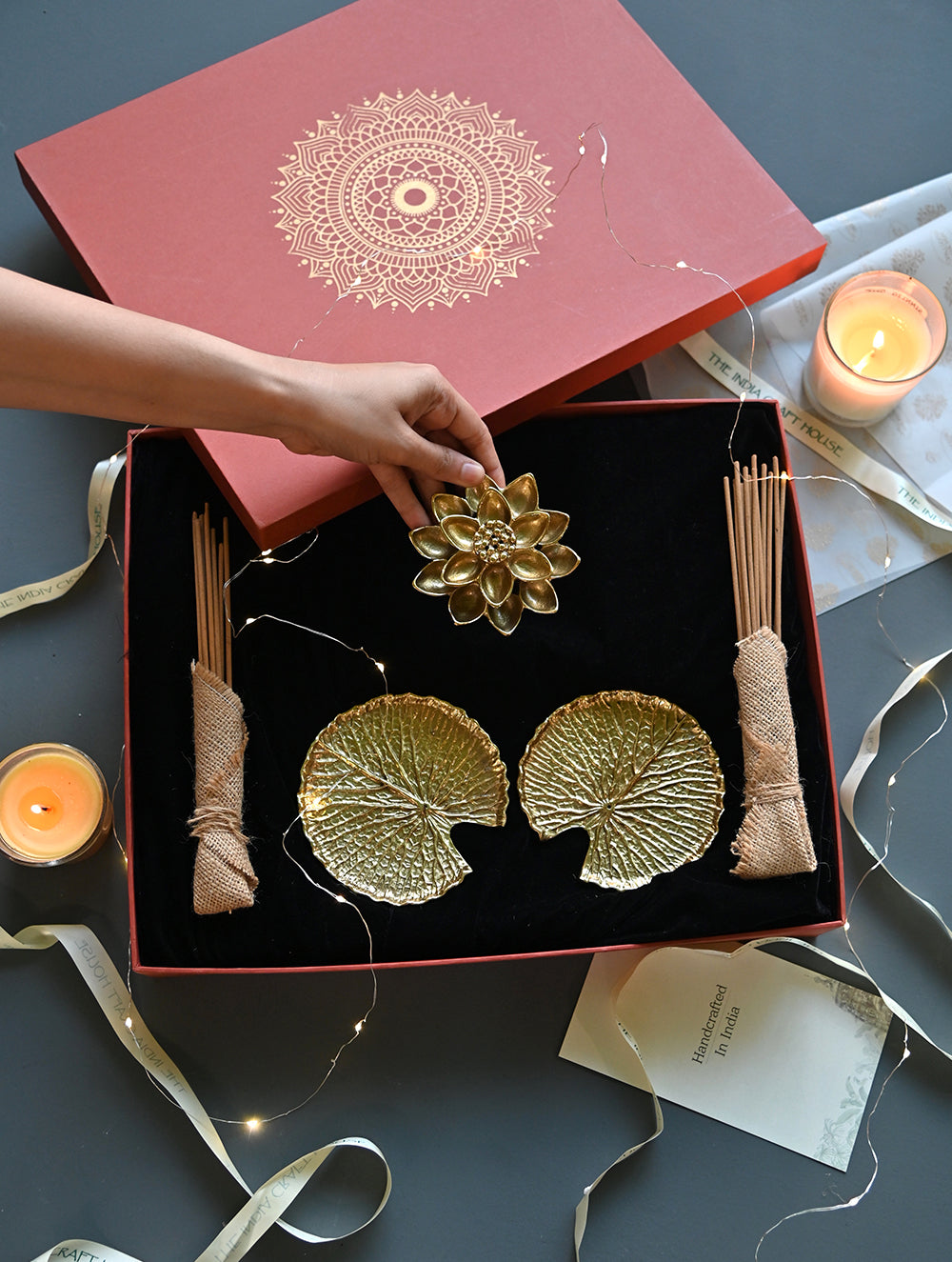 The India Craft House Heritage Gift Hamper - Waterlily and Sculpted Leaves (Set of 3)