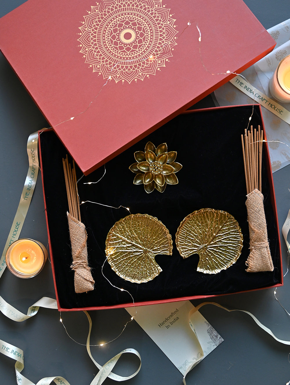 The India Craft House Heritage Gift Hamper - Waterlily and Sculpted Leaves (Set of 3)