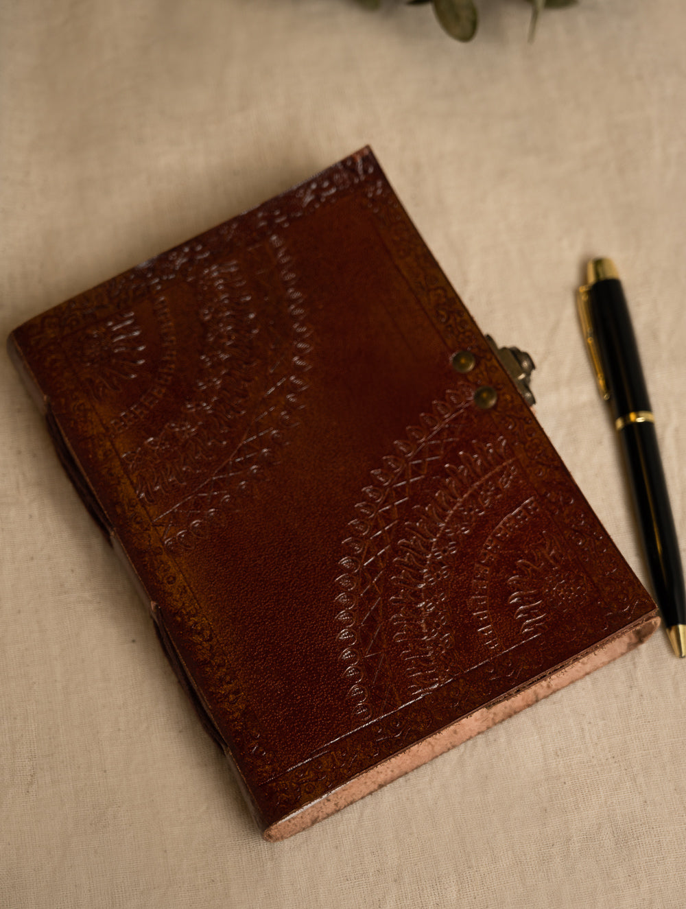 Hand Embossed Leather Diary With Handmade Paper - Brown Ornate