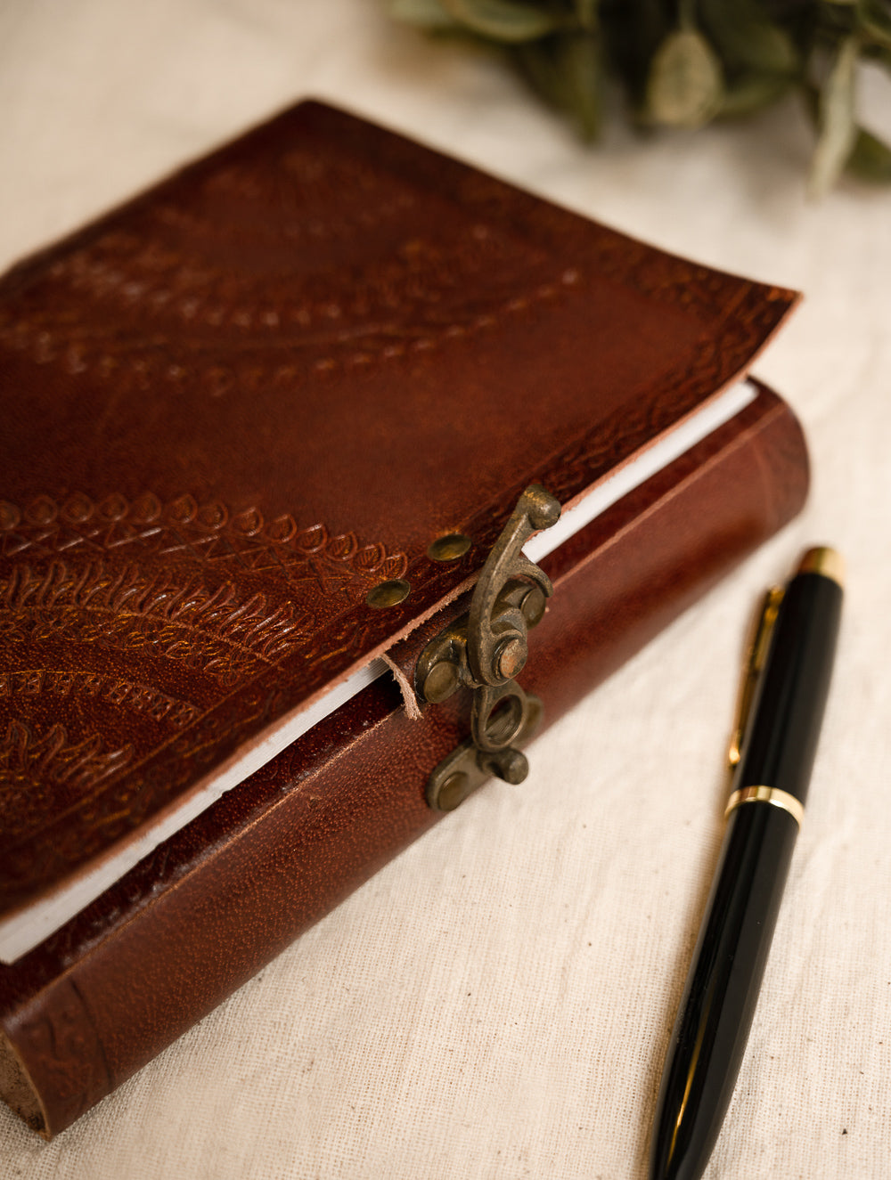 Hand Embossed Leather Diary With Handmade Paper - Brown Ornate
