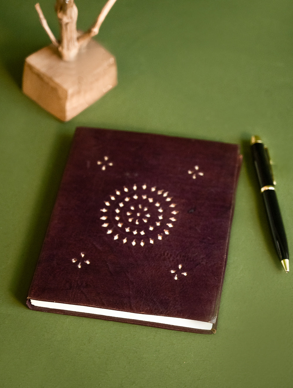 Hand Embossed Leather Diary with Handmade Paper - Brown Filigree