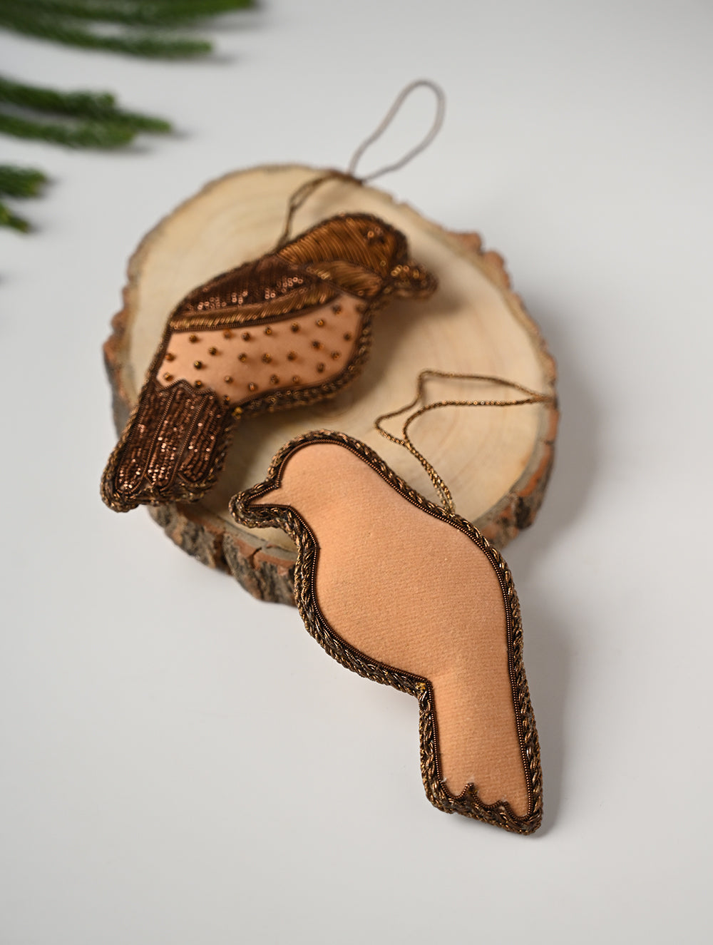 Hand Embroidered Zardozi Xmas Decorations - Beige Antique Birds (Set of 2)