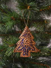 Hand Embroidered Zardozi Xmas Decorations - Blue Antique Xmas Trees (Set of 2)