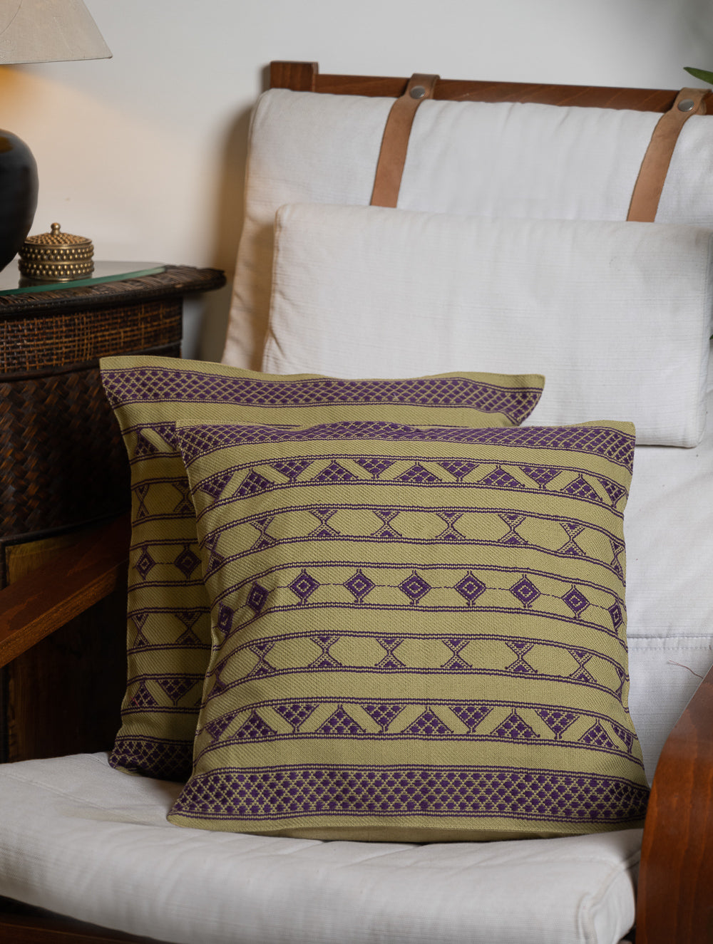 Hand Woven Kashida Pattu Cushion Covers - Purple Lime (Set of 2)
