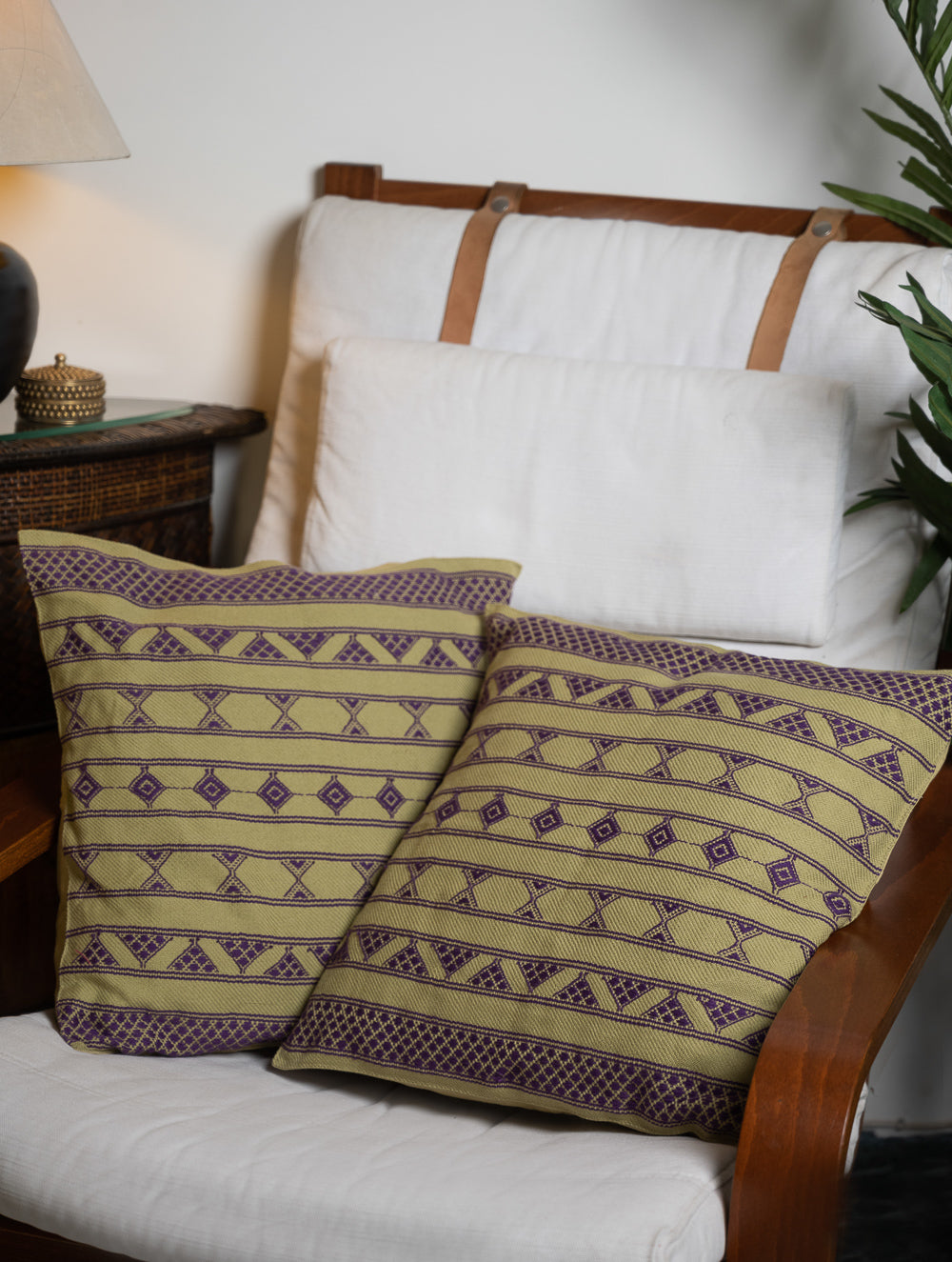 Hand Woven Kashida Pattu Cushion Covers - Purple Lime (Set of 2)