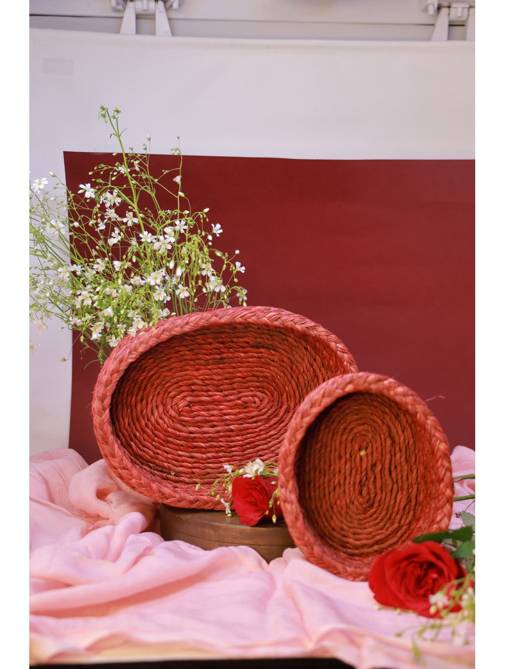 Load image into Gallery viewer, Handcrafted Sabai Grass Utility Baskets (Oval, Red - Set of 2)
