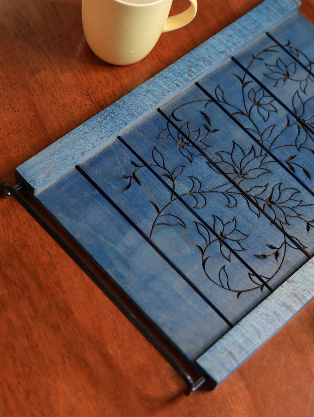 Handcrafted Wooden Engraved Tray - Blue Flora