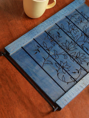 Handcrafted Wooden Engraved Tray - Blue Flora