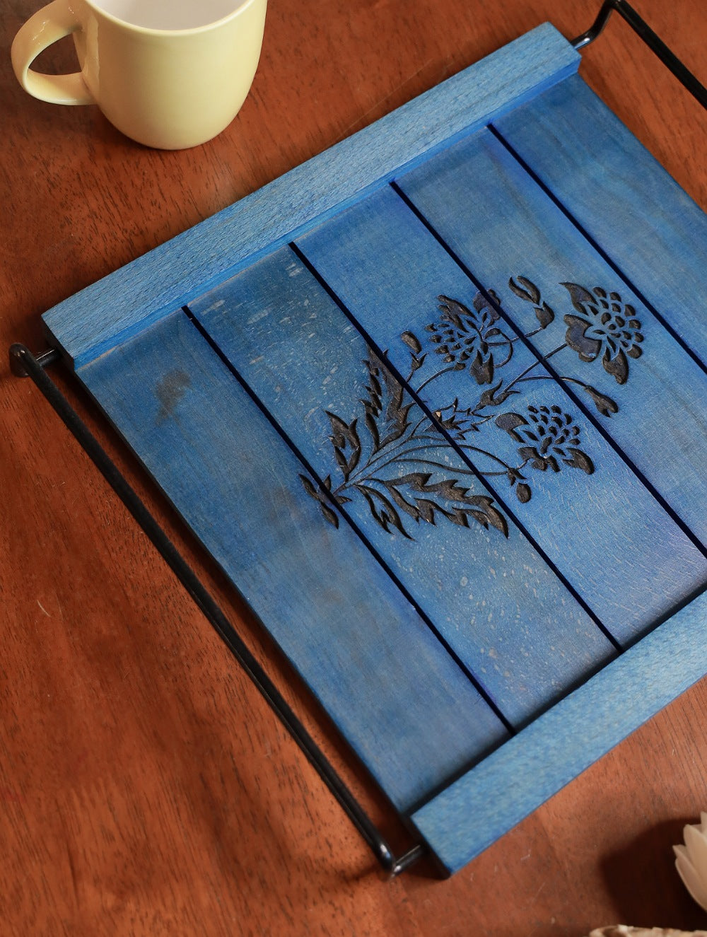 Handcrafted Wooden Engraved Tray - Blue Floral