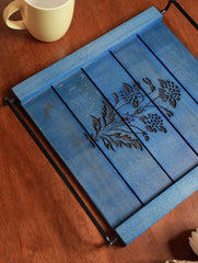 Handcrafted Wooden Engraved Tray - Blue Floral
