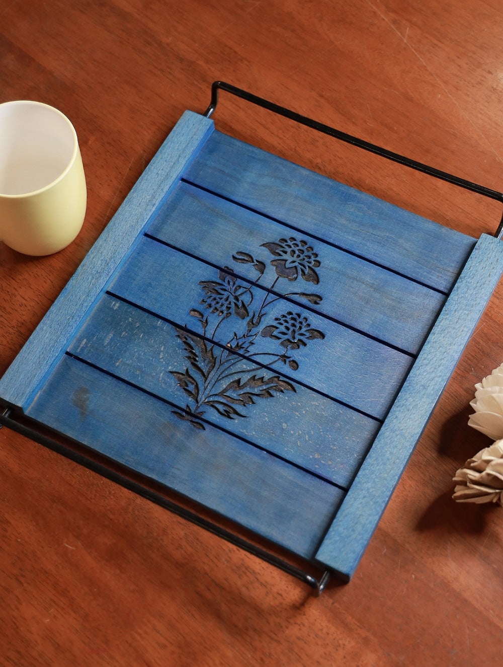 Handcrafted Wooden Engraved Tray - Blue Floral