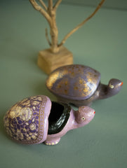 Handcrafted Kashmiri Art Tortoise Decorative Utility Boxes - Mauve Flora (Set of Two)