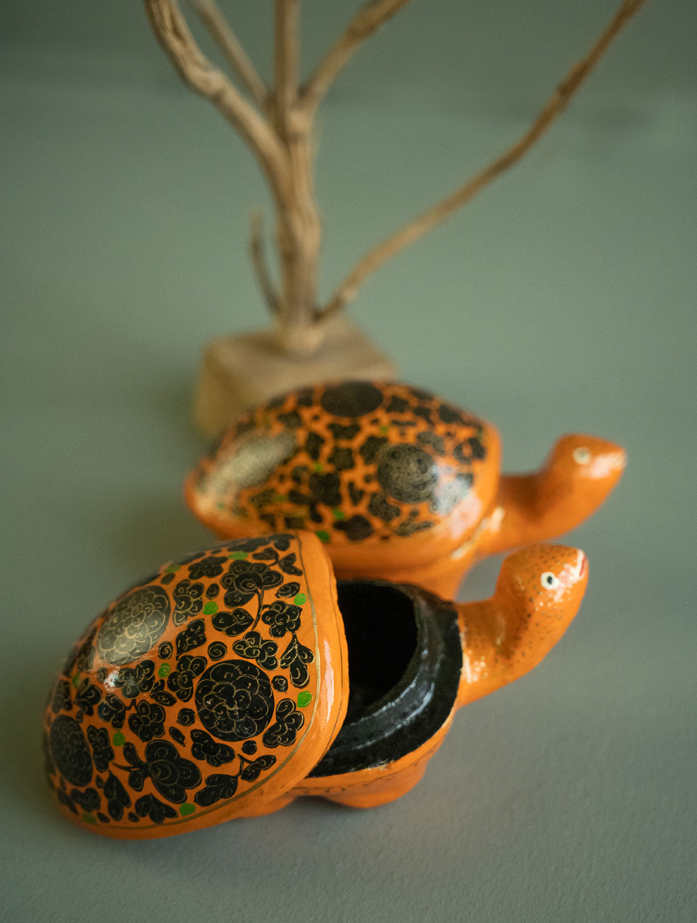 Handcrafted Kashmiri Art Tortoise Decorative Utility Boxes - Saffron Florals (Set of Two)