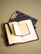 Handmade Ajrakh Large Travel Wallet & Notebook Diary Set - Indigo Florals & Squares (Set of 3)