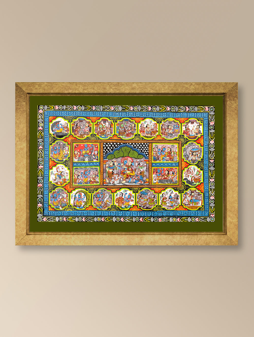 Handpainted Pattachitra Canvas Painting - Krishna Chitrakatha (Unframed Length - 13" x Width - 19")