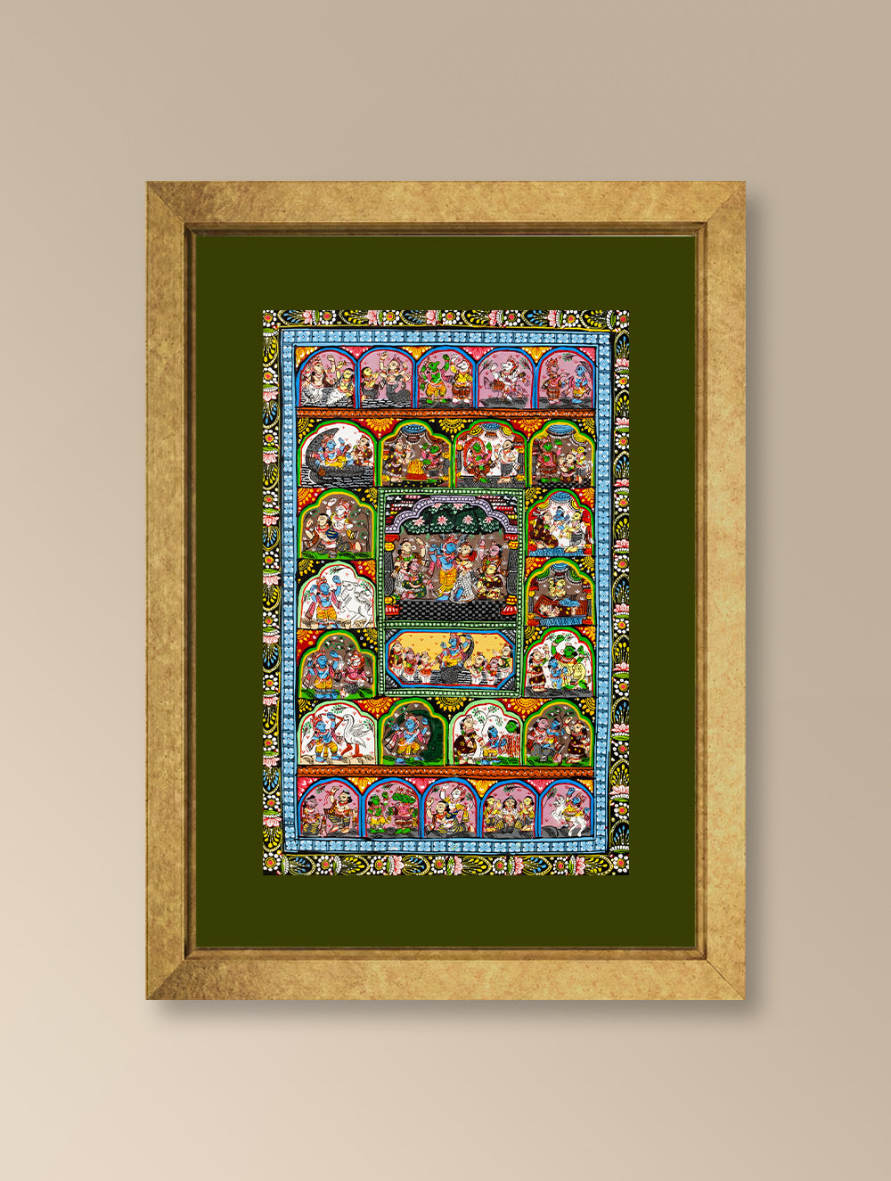 Handpainted Pattachitra Canvas Painting - Krishna Vrittanta (Unframed Length - 13" x Width - 19"