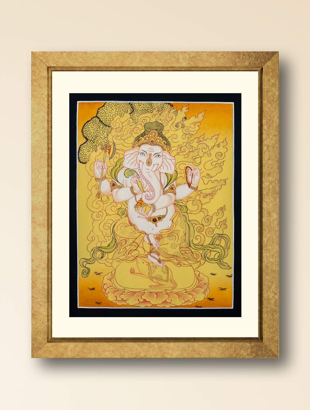 Handpainted Thangka Painting - Shubha Ganesha (Unframed Height - 12" x Width - 9")