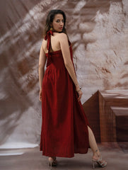 Handwoven Elegance. Organic Kala Cotton Long Dress - Warm Wine Red