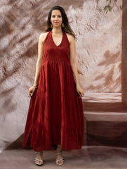 Handwoven Elegance. Organic Kala Cotton Long Dress - Warm Wine Red