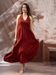 Handwoven Elegance. Organic Kala Cotton Long Dress - Warm Wine Red