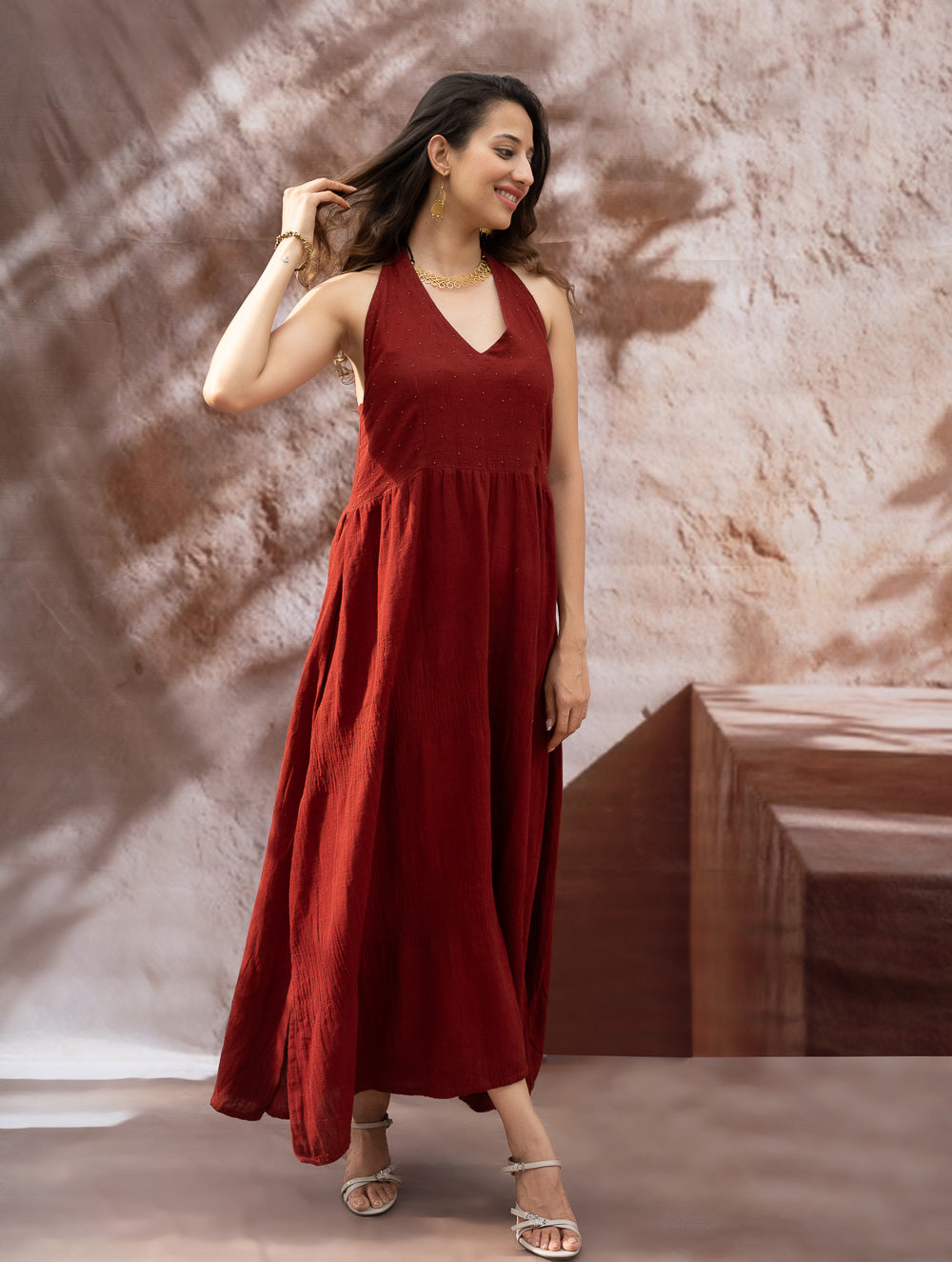 Handwoven Elegance. Organic Kala Cotton Long Dress - Warm Wine Red