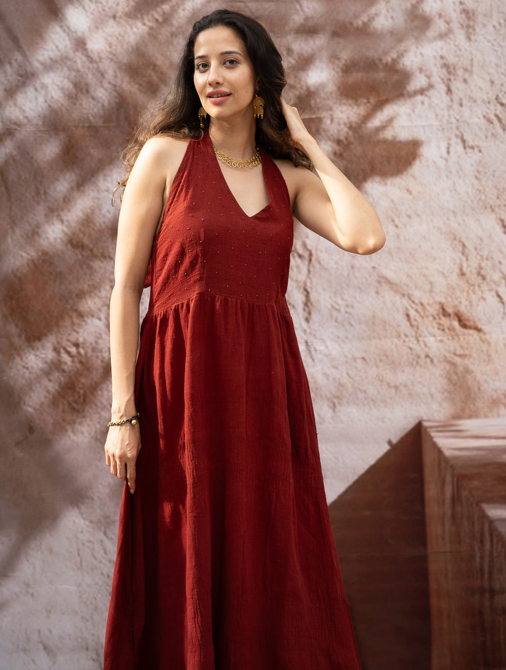 Handwoven Elegance. Organic Kala Cotton Long Dress - Warm Wine Red