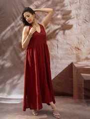 Handwoven Elegance. Organic Kala Cotton Long Dress - Warm Wine Red