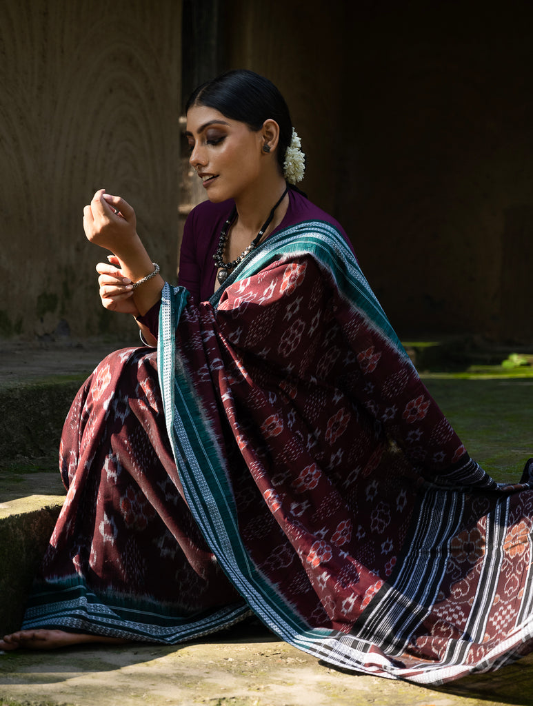 Handwoven Sambhalpuri Ikat Cotton Saree - Brown Elegance