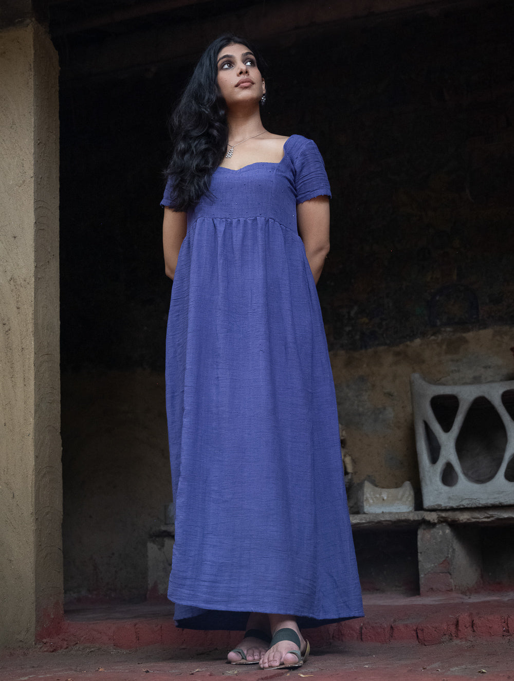Handwoven Elegance. Organic Kala Cotton Long Dress - Deep Lavender