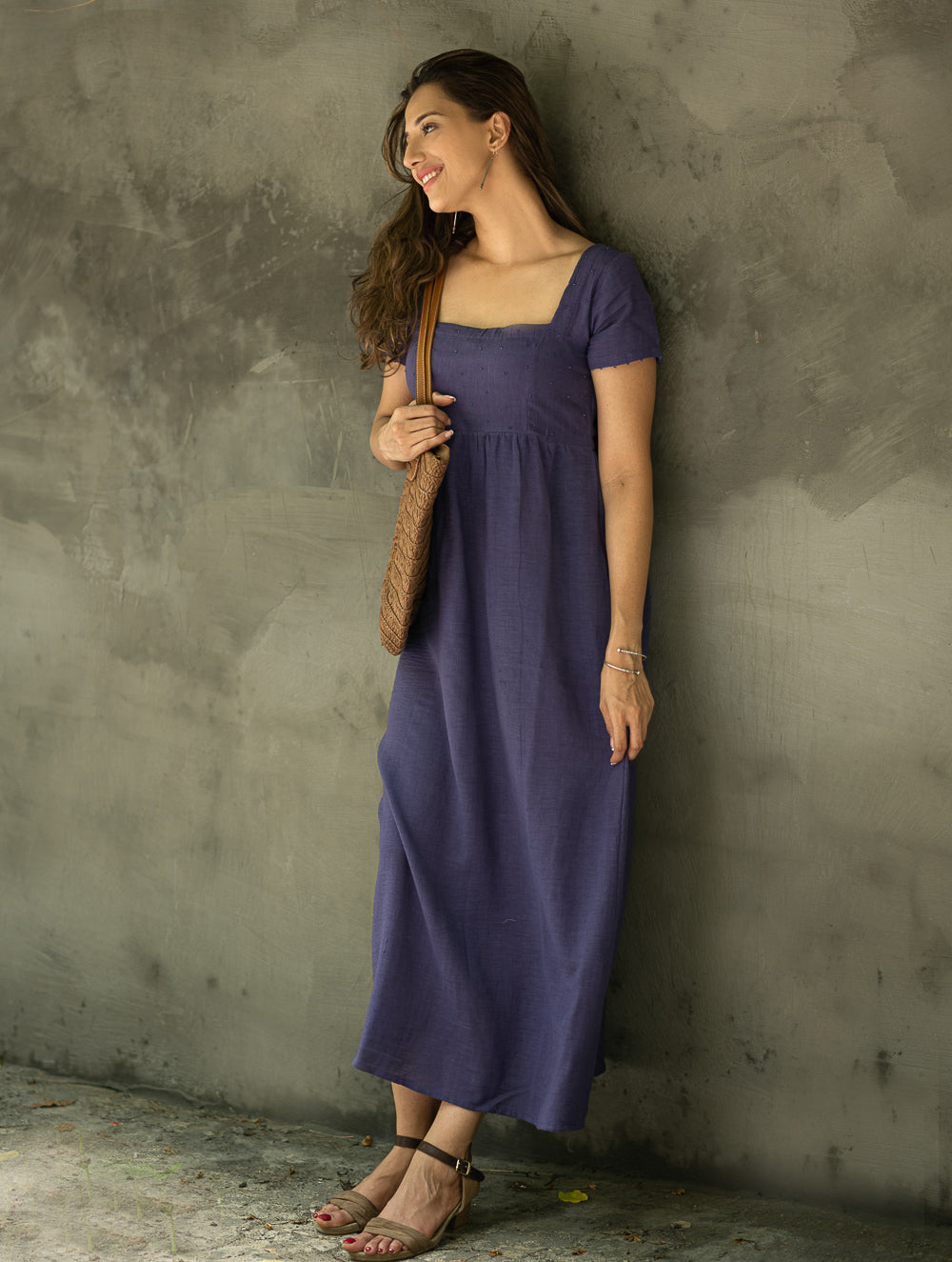 Handwoven Elegance. Organic Kala Cotton Long Dress - Deep Lavender