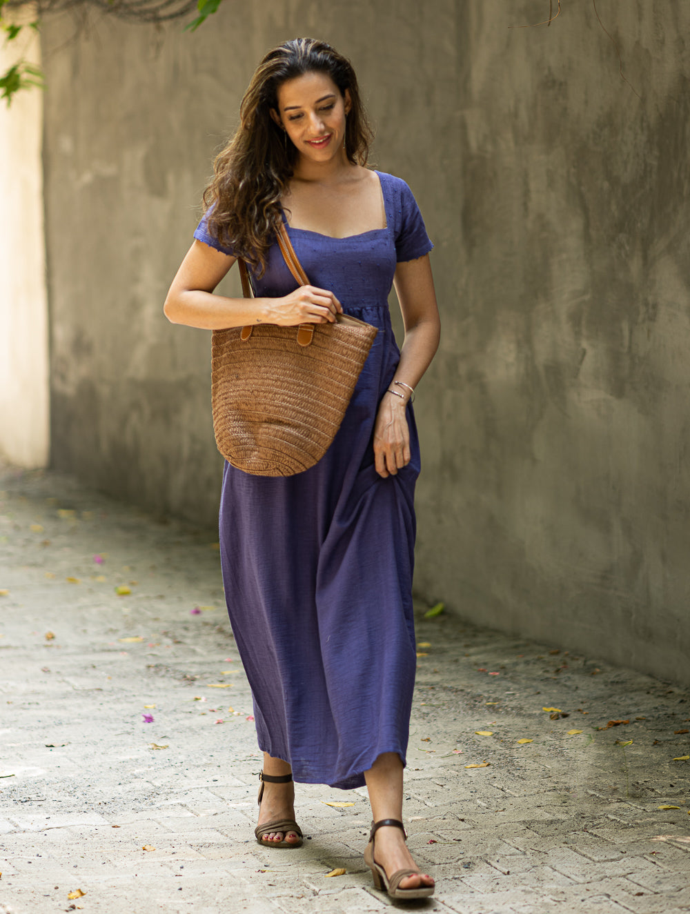 Handwoven Elegance. Organic Kala Cotton Long Dress - Deep Lavender