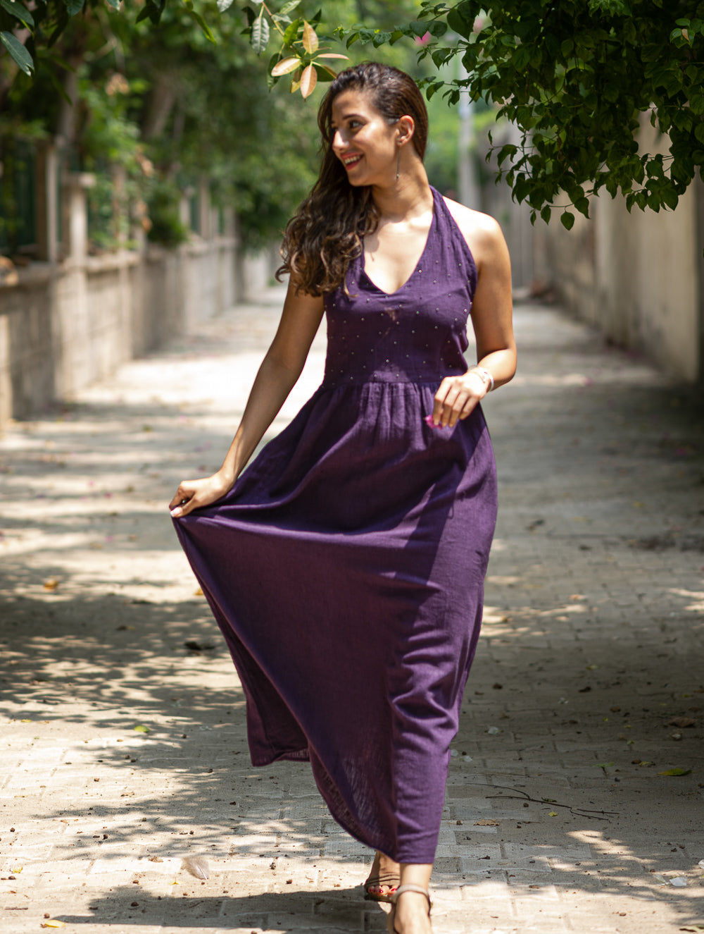 Handwoven Elegance. Organic Kala Cotton Long Dress - Deep Purple