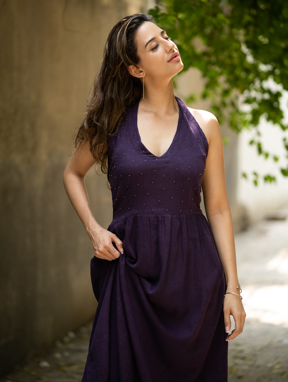 Handwoven Elegance. Organic Kala Cotton Long Dress - Deep Purple
