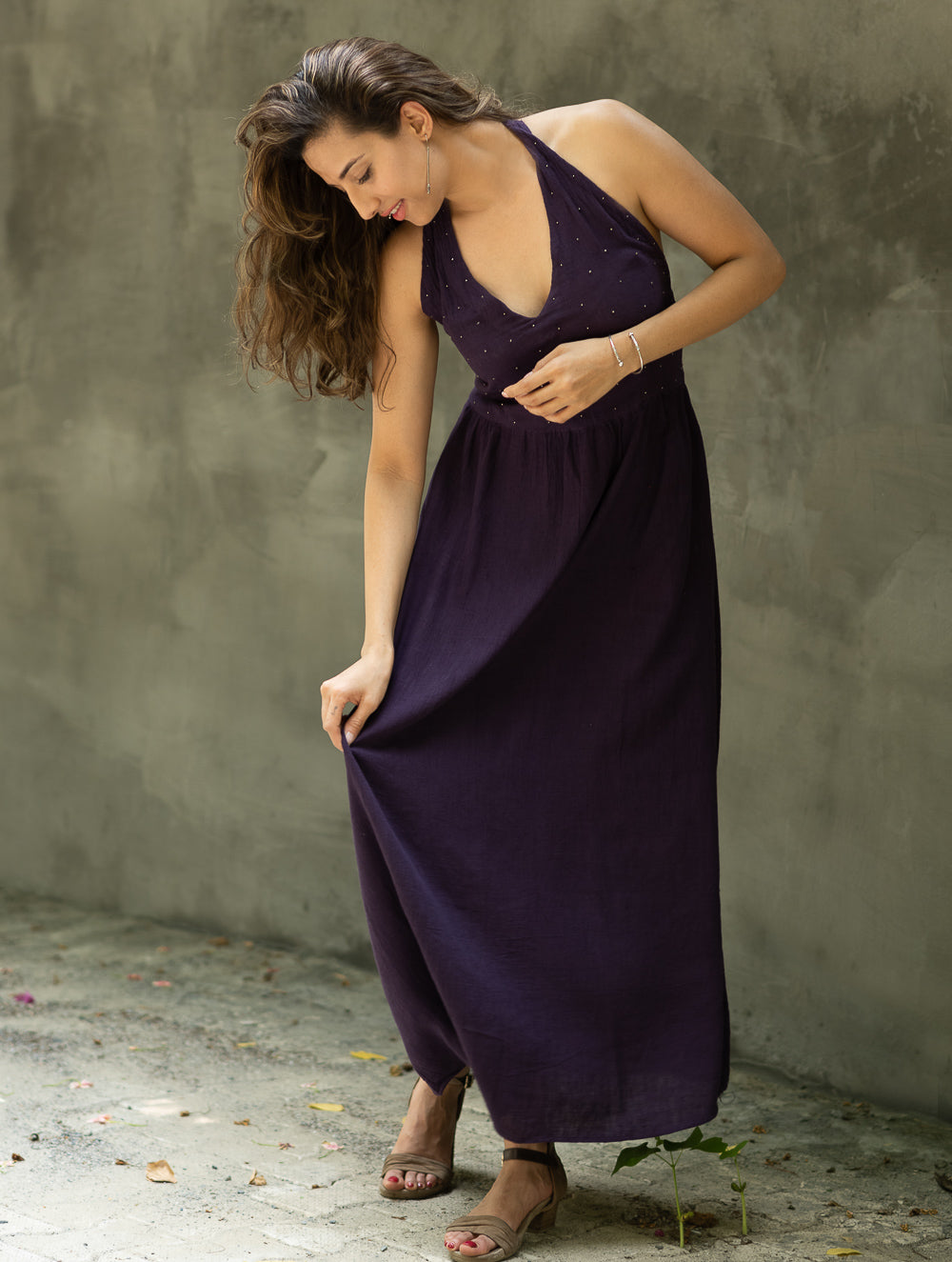 Handwoven Elegance. Organic Kala Cotton Long Dress - Deep Purple