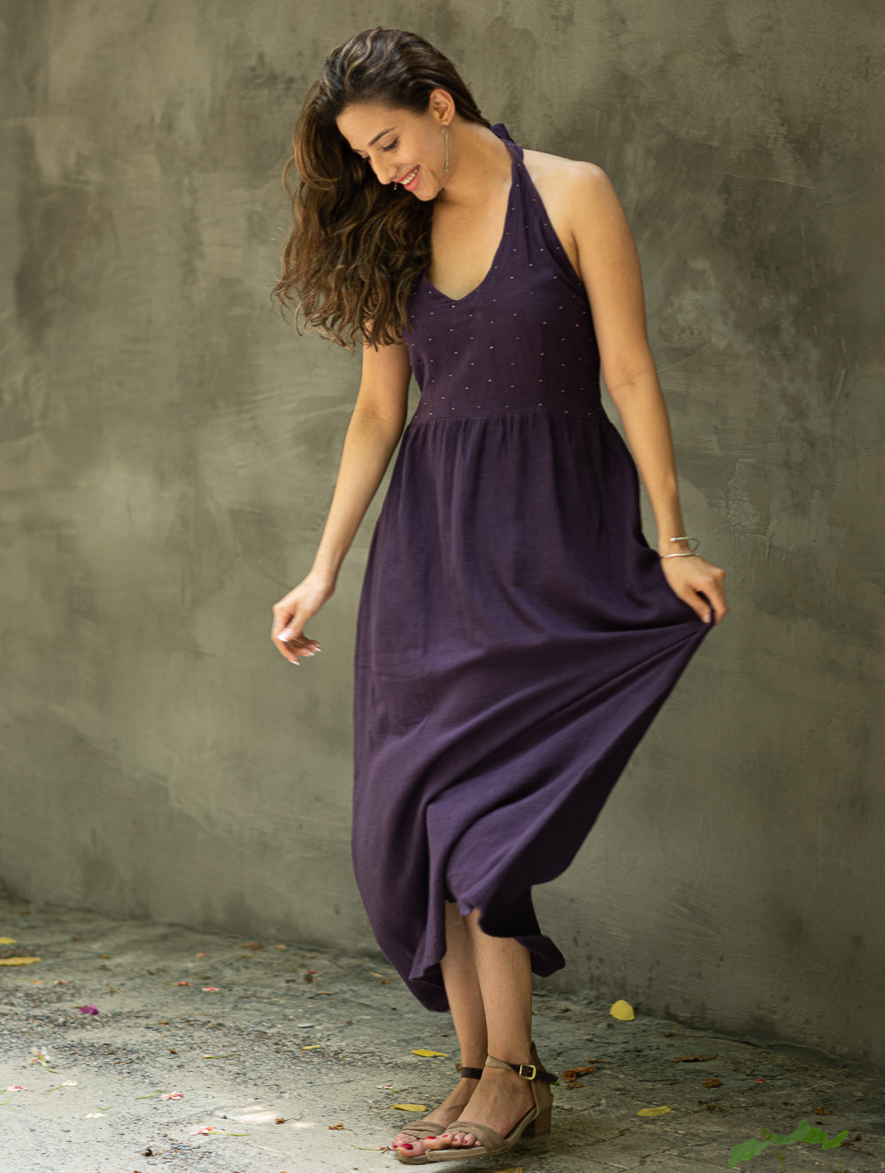 Handwoven Elegance. Organic Kala Cotton Long Dress - Deep Purple