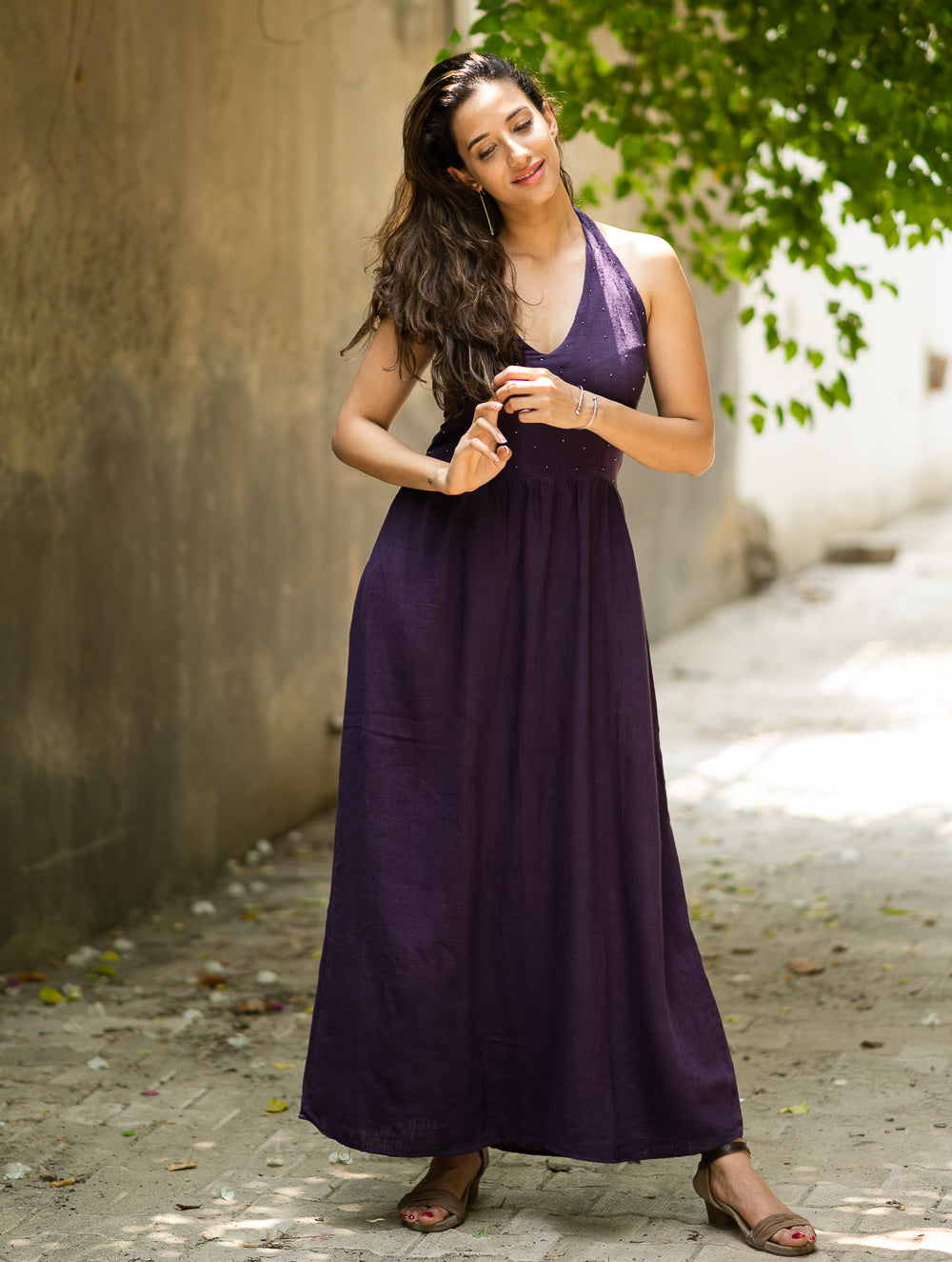 Handwoven Elegance. Organic Kala Cotton Long Dress - Deep Purple